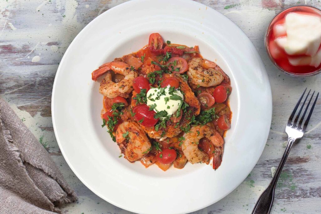 Blackened Salmon Cake and Shrimp Jambalaya