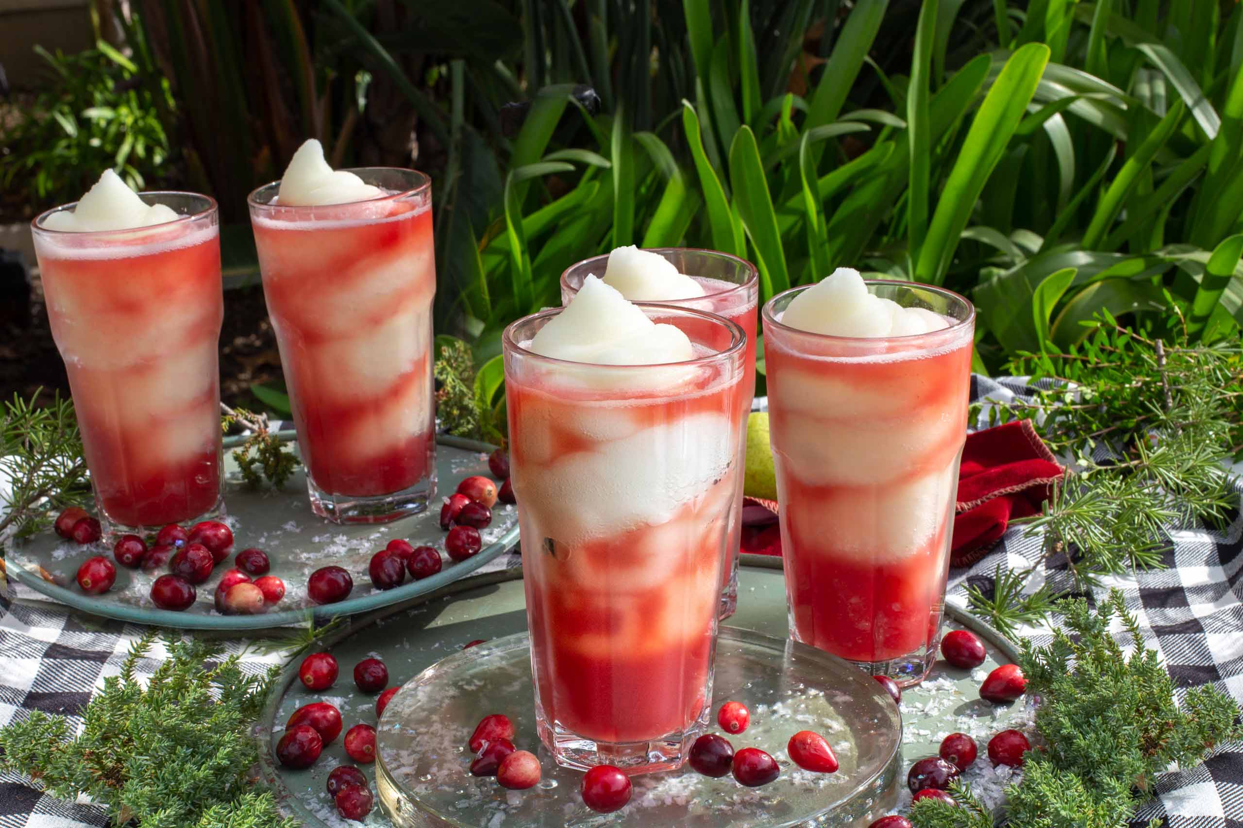 Group of our new monthly special Swirl drinks with cranberry fruit on a table setting