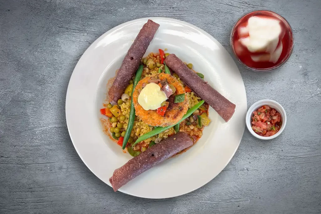 Shrimp Taquitos and Salmon Cake Paella