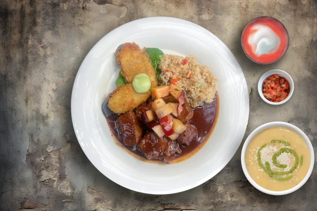 Top-down plate with crisp Chinese eggplant, on brown mole sauce, avocado cream, rice with peppers, and vegetables.